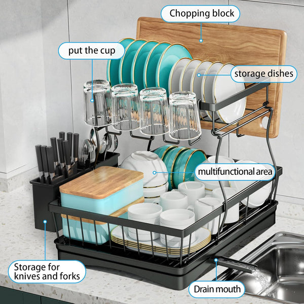 7 Code 2-Tier Large Dish Drying Rack – Black Detachable Drainer with U ...