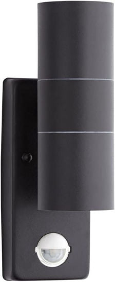 Black Round Up Down Outdoor Security Wall Light with PIR Motion Sensor - IP44 Rated - GU10 LED