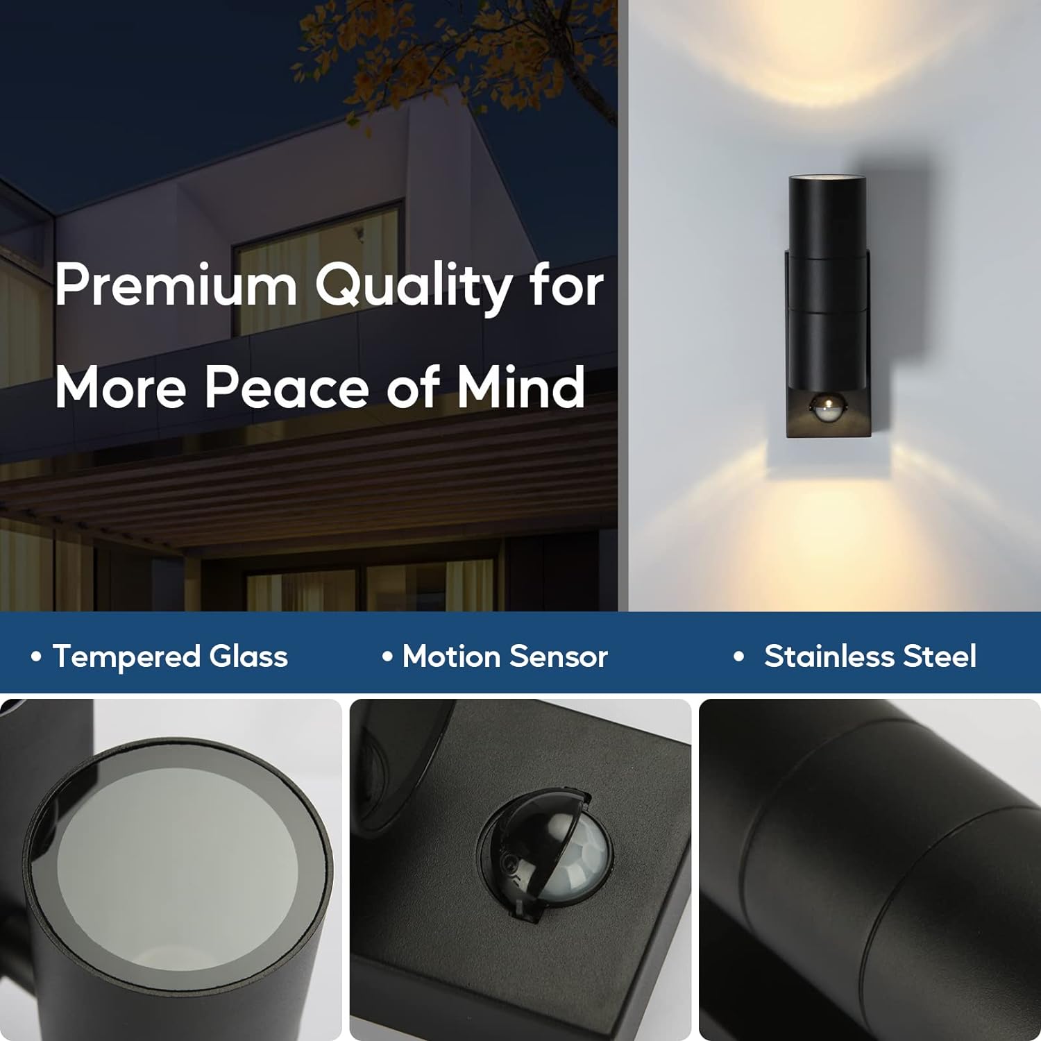 Outdoor Up & Down Black Wall Light with Motion Sensor – GU10 Base IP44 Stainless Steel PIR Security Light for Front Door, Porch & Garden