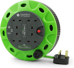 4-Socket 5M Cable Reel Extension Lead, Heavy Duty with Thermal Cut-Out – Green/Black
