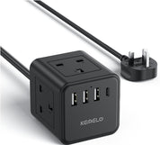4 Way Extension Lead with USB Slots, 13A/3250W Multi Plug Socket, 1.5M Cable for Home, Office, Travel