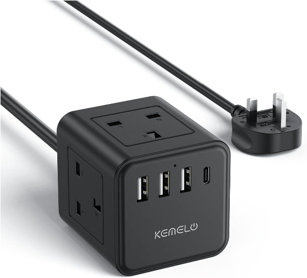 4 Way Extension Lead with USB Slots, 13A/3250W Multi Plug Socket, 1.5M Cable for Home, Office, Travel