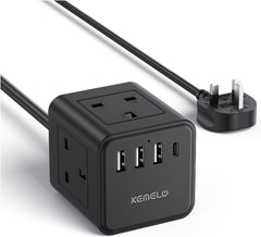 4 Way Extension Lead with USB Slots, 13A/3250W Multi Plug Socket, 1.5M Cable for Home, Office, Travel