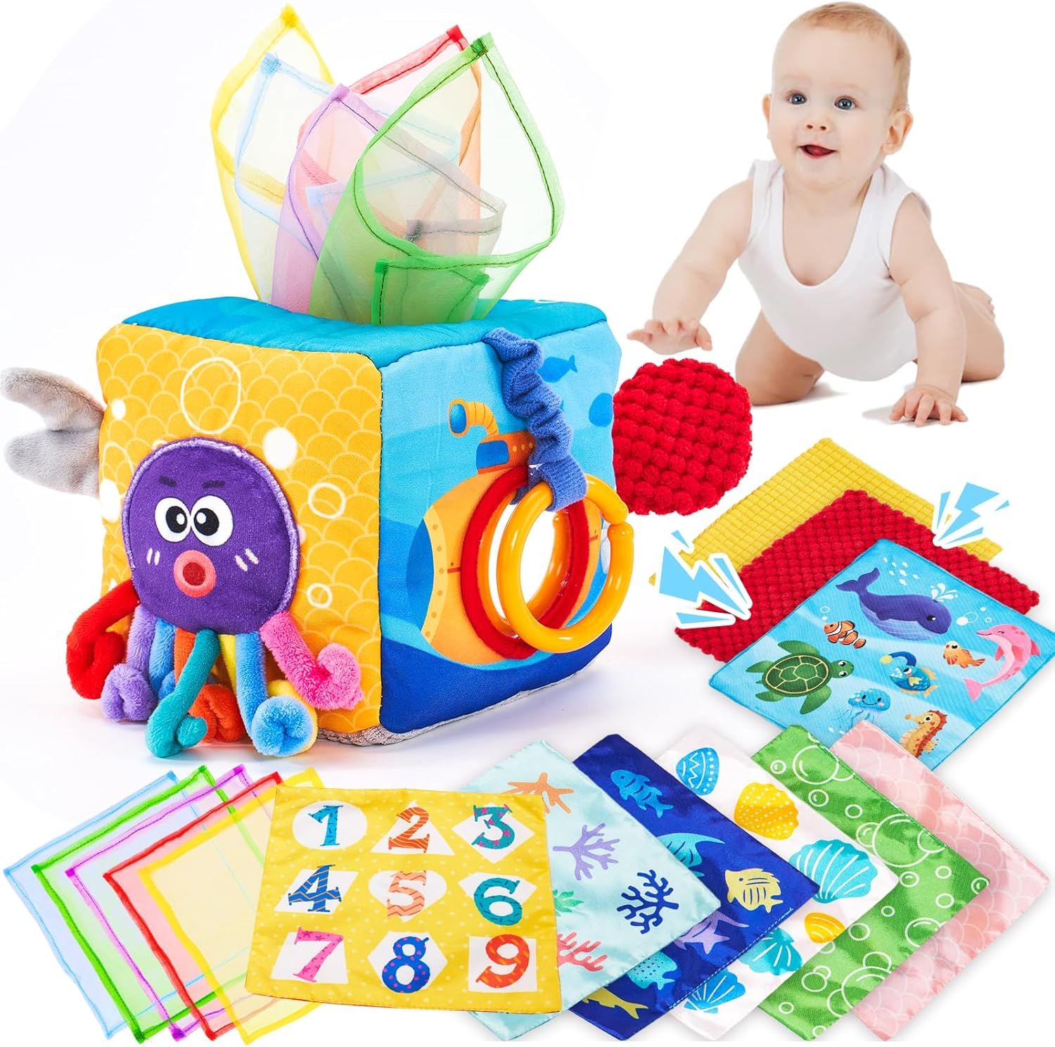 Hahaland Baby Tissue Box Toy – Montessori Sensory Toys with Tails, Crinkle & Mirror for 6M+
