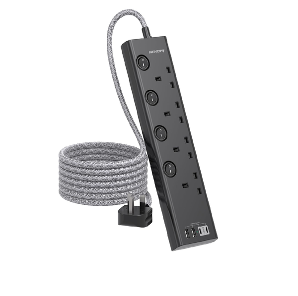 4-Way Extension Lead with 4 USB Ports (2 USB-C), 1.8M Cable & Individual Switches