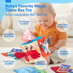 Hahaland Baby Tissue Box Toy – Montessori Sensory Toys with Tails, Crinkle & Mirror for 6M+