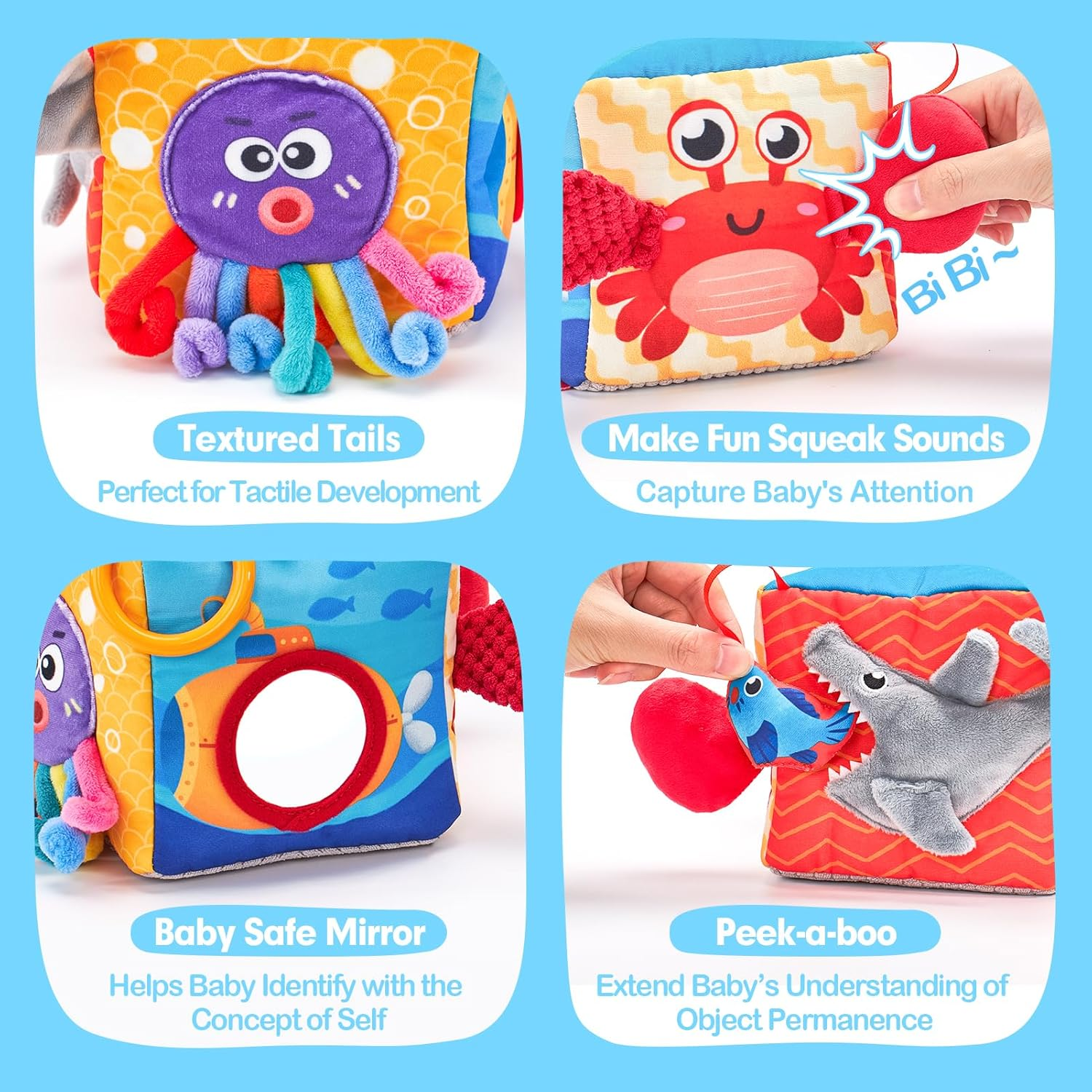 Hahaland Baby Tissue Box Toy – Montessori Sensory Toys with Tails, Crinkle & Mirror for 6M+