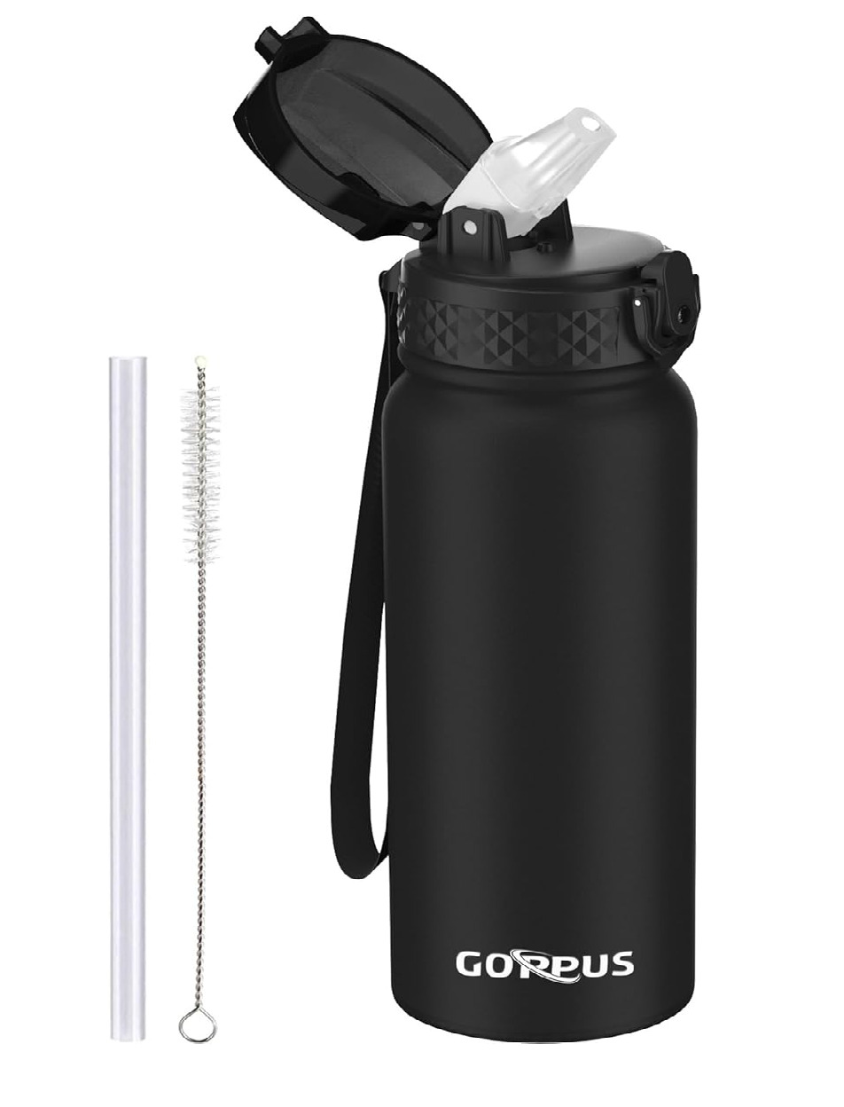 600ml Insulated Stainless Steel Water Bottle – Leakproof Flask with Straw & Strap