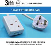 1-way extension lead with 'ExtraStar' branding on a blue background, featuring 3m logo and specifications.