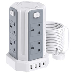 10M Multi-outlet power strip with USB ports and coiled cable on a white background