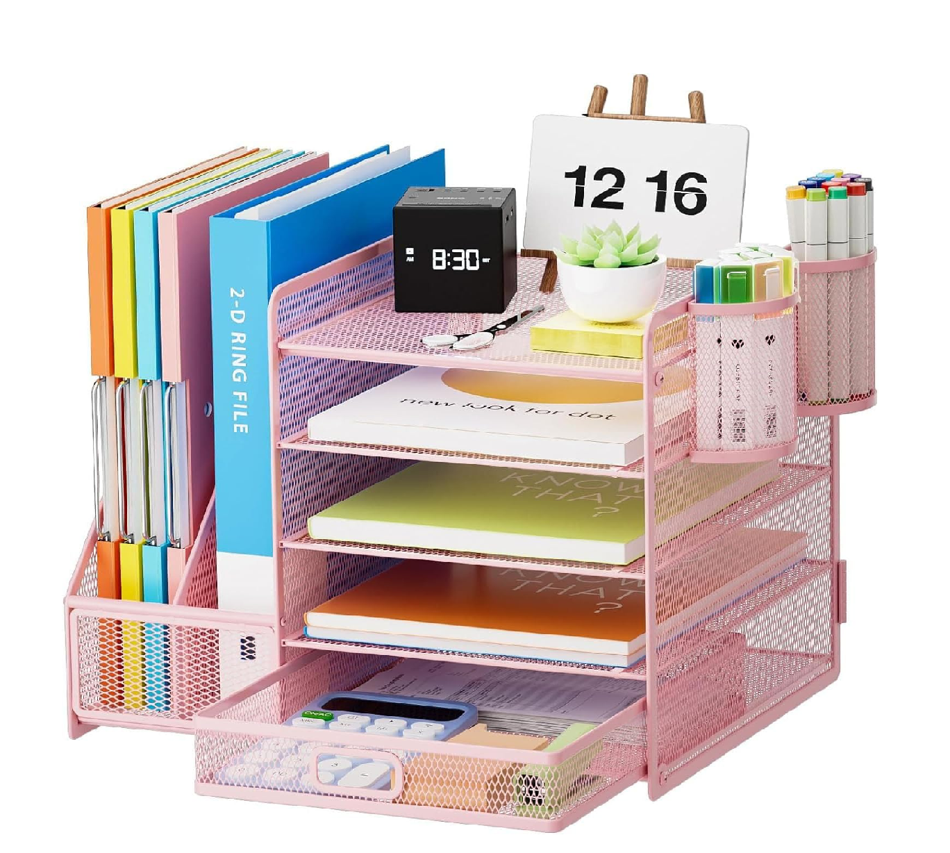 5-Tier Mesh Desk Organiser with Drawer & Pen Holders – File & Paper Tray Storage, Black