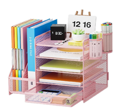 5-Tier Mesh Desk Organiser with Drawer & Pen Holders – File & Paper Tray Storage, Black