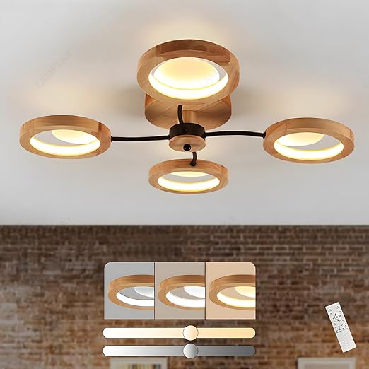 94cm LED Wooden Ceiling Light – Dimmable with Remote, Flower Design