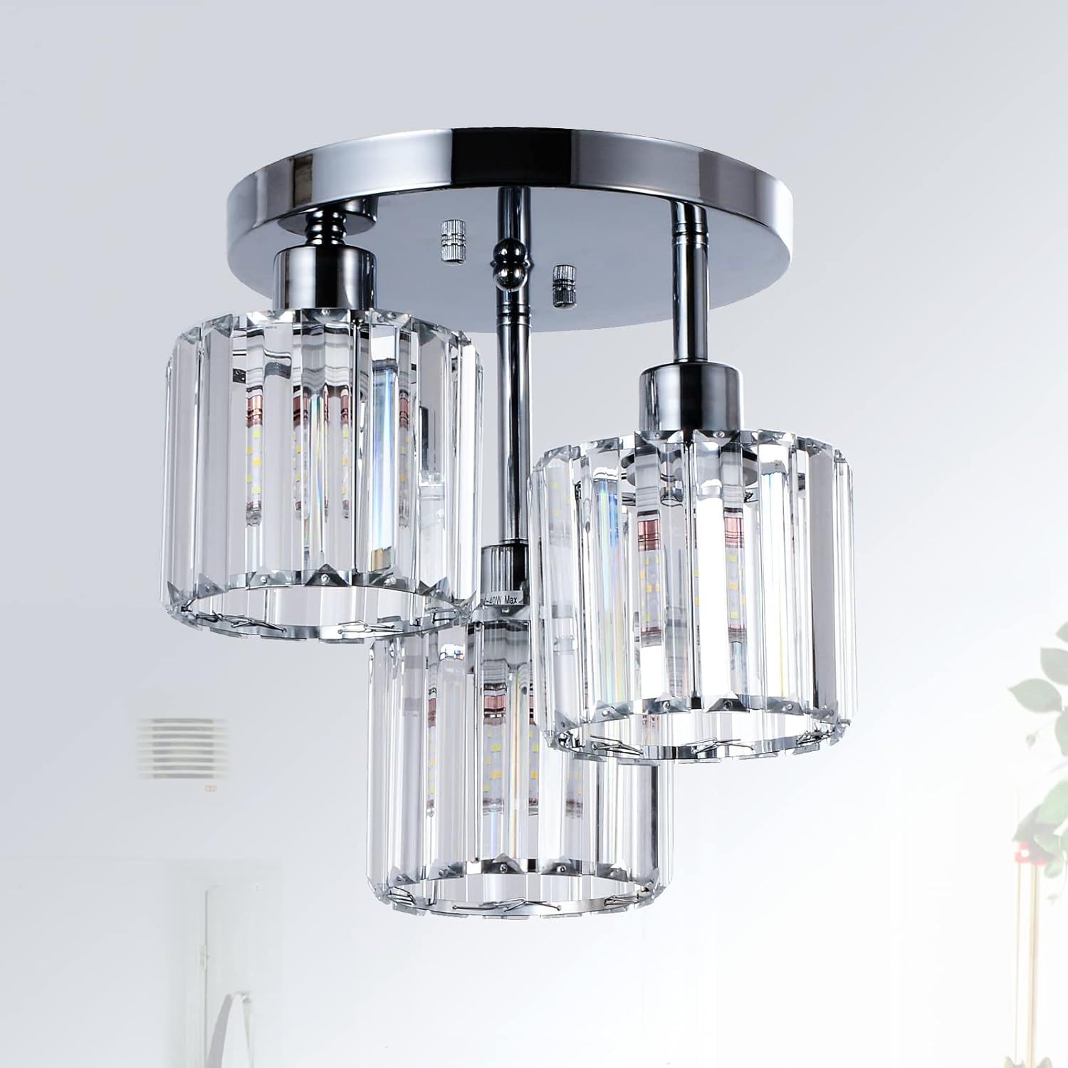 Modern Crystal Chandeliers Ceiling Light, 3-Lights Crystal Ceiling Lights Living Room, Black Semi Flush Ceilings Light Fittings for Hallway