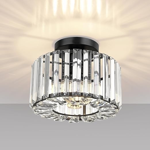 Gold Crystal Semi Flush Mount Ceiling Light, Modern Industrial Fixture