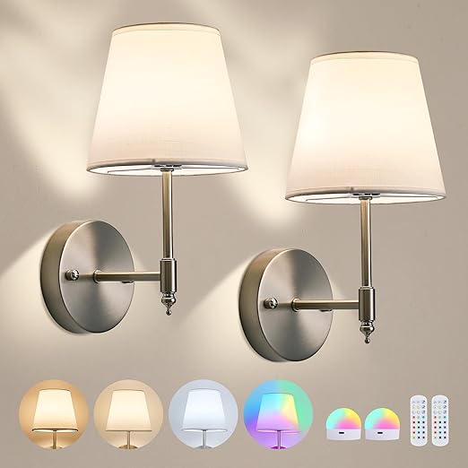 Gold Battery Wall Sconces Set – Floral Shade, RGB Light