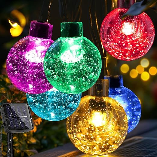 Solar Garden String Lights – 60 LED Crystal Ball, 12M, 8 Modes, IP65 Waterproof, Warm White