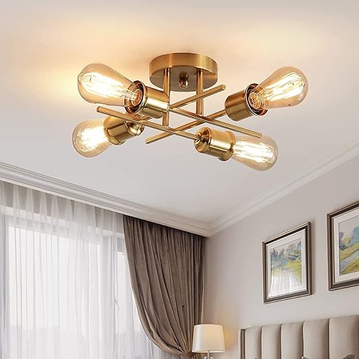 Gold 4-Light Semi Flush Ceiling Light, E27 Base