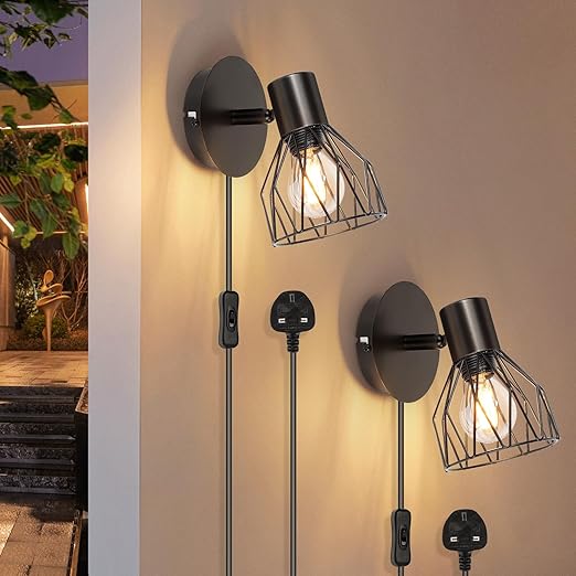 Black Industrial Wall Sconces, Rotatable E14, Set of 2