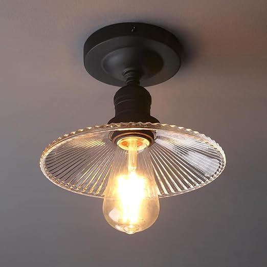 Vintage Ribbed Glass Pendant Ceiling Light, Cone Shade, E27 Base