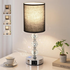 Crystal Touch Bedside Lamp with USB-C & Dimmable Light