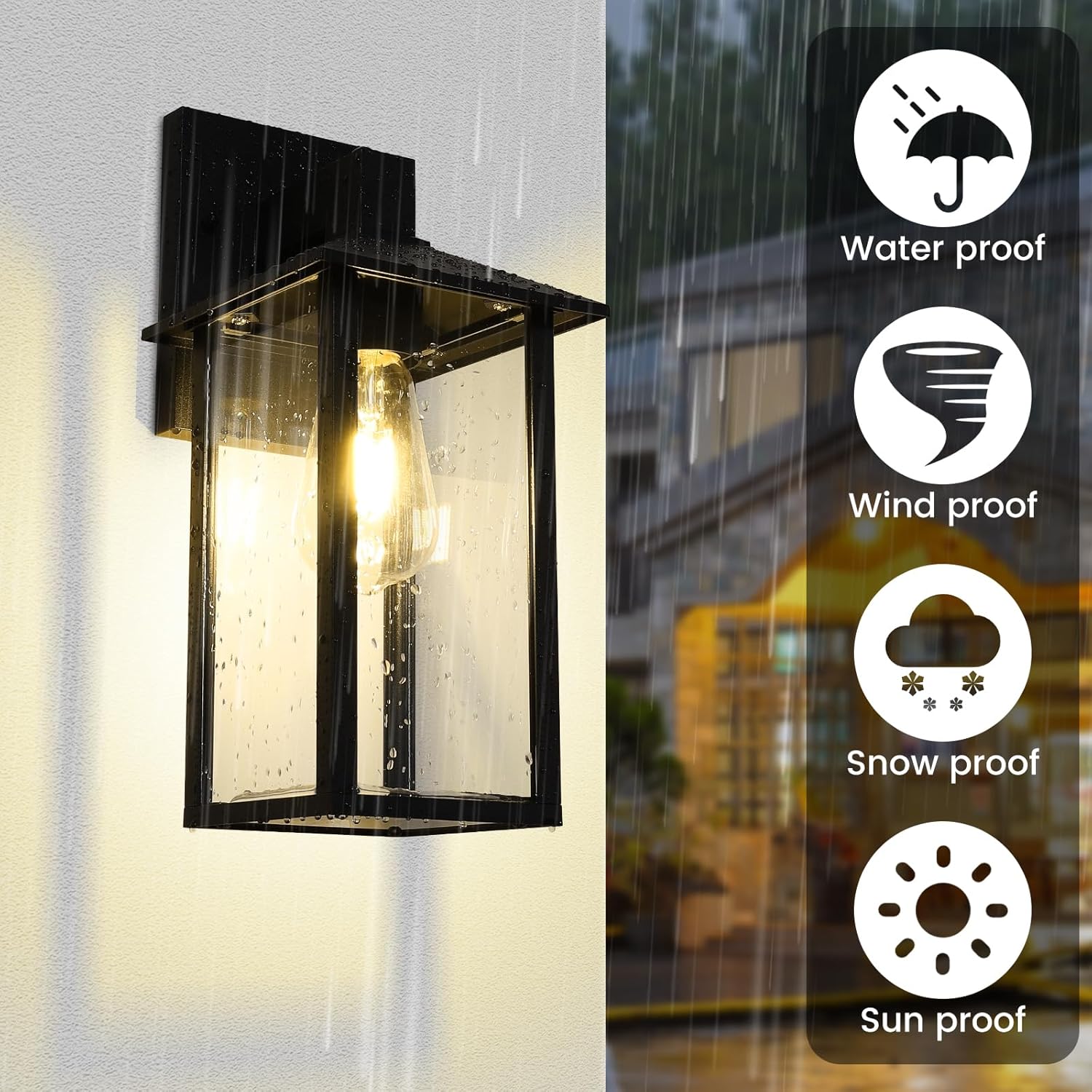 Outdoor Wall Lantern – Black Exterior Light Fixture with Glass Shade (1 Pack)