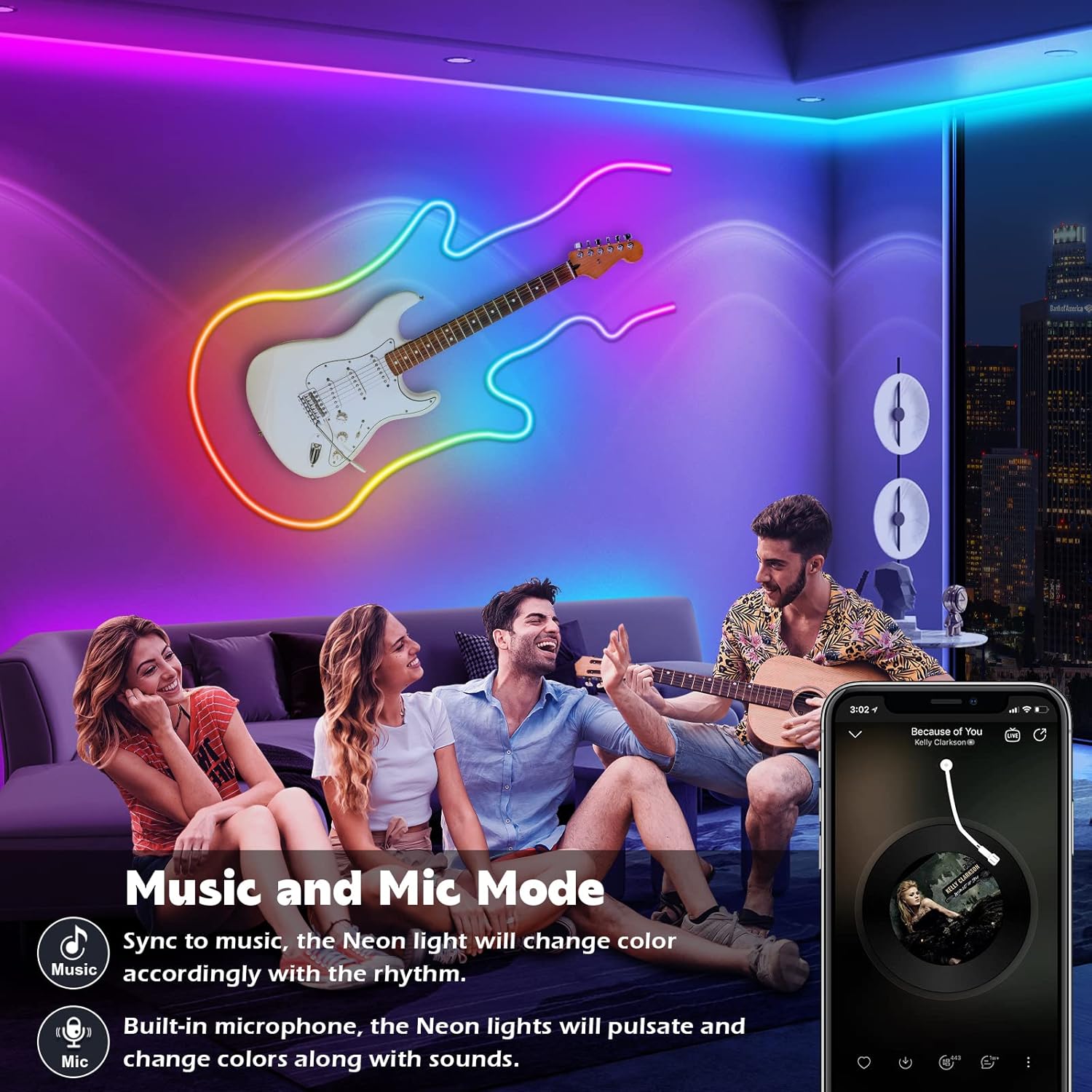 Neon guitar light fixture with people sitting on a couch and a smartphone displaying music app.