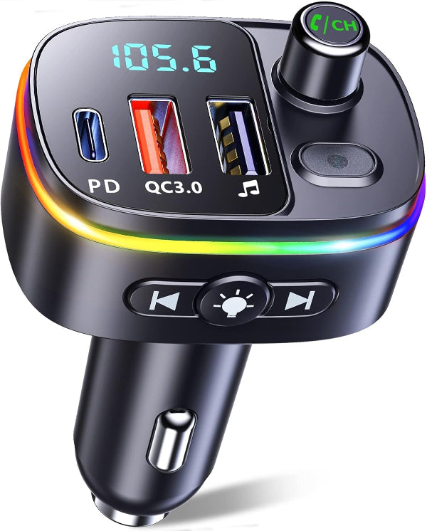 Bluetooth 5.3 FM Transmitter Car Adapter – QC3.0 & PD 18W Charger with RGB Lights