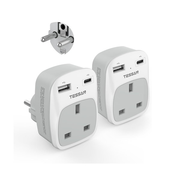 Travel Adapter with 2 USB Ports, Type E/F Grounded Plug for Europe