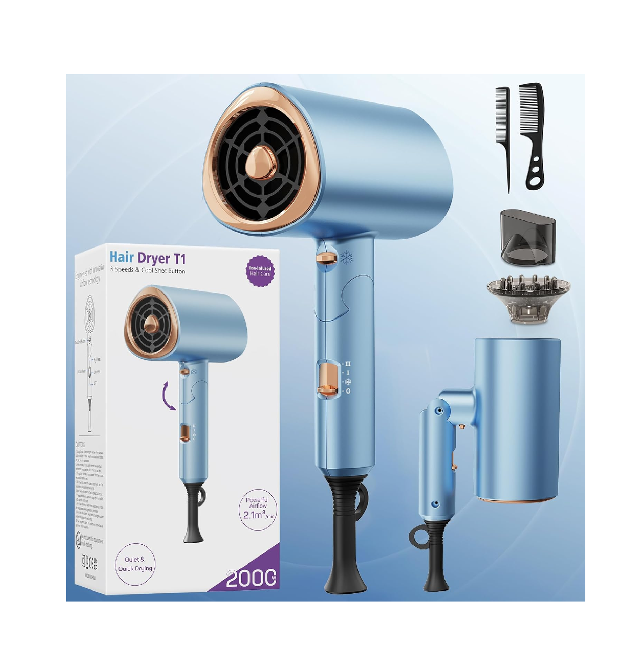 Professional 2000W Ionic Hair Dryer with Diffuser, Cool Shot & Styling Combs
