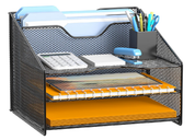 Desk Organiser with 3 Mesh Paper Trays & 2 Upright File Holders – Black Letter Tray