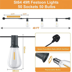 49FT Festoon Lights Outdoor - 40W Garden Patio String Lights with 3000K Warm White ST64 Waterproof LED Bulbs