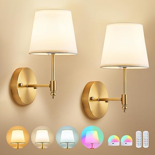 Gold Battery Wall Sconces Set – Floral Shade, RGB Light