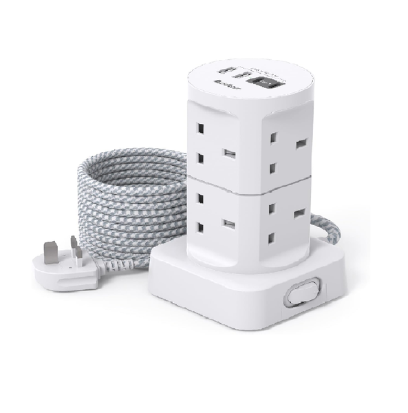 8-Way Tower Extension Lead with 4 USB Ports (2 USB-C), 1.8M Cable, 3250W Power Strip
