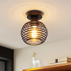 Vintage Black Ceiling Light – E27 Industrial Cage Semi Flush Mount Fixture for Hallway & Kitchen