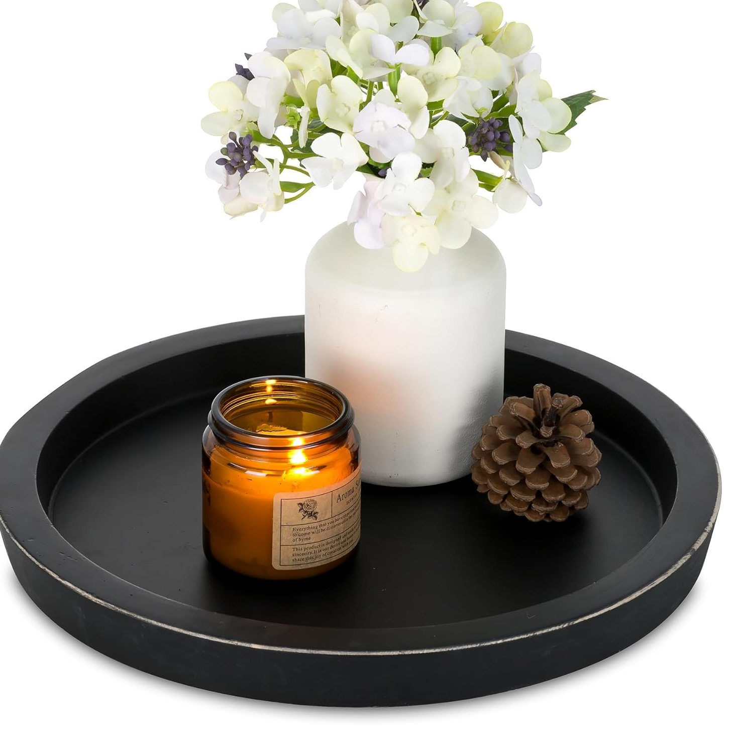 Hanobe Rustic Round Wooden Serving Tray – Vintage Farmhouse Ottoman & Coffee Table Centerpiece (Black)