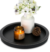 Hanobe Rustic Round Wooden Serving Tray – Vintage Farmhouse Ottoman & Coffee Table Centerpiece (Black)