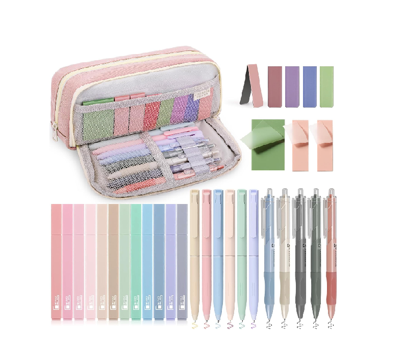 Aesthetic Stationery Set with Pink Case – 12 Pastel Highlighters, Pens & Notes