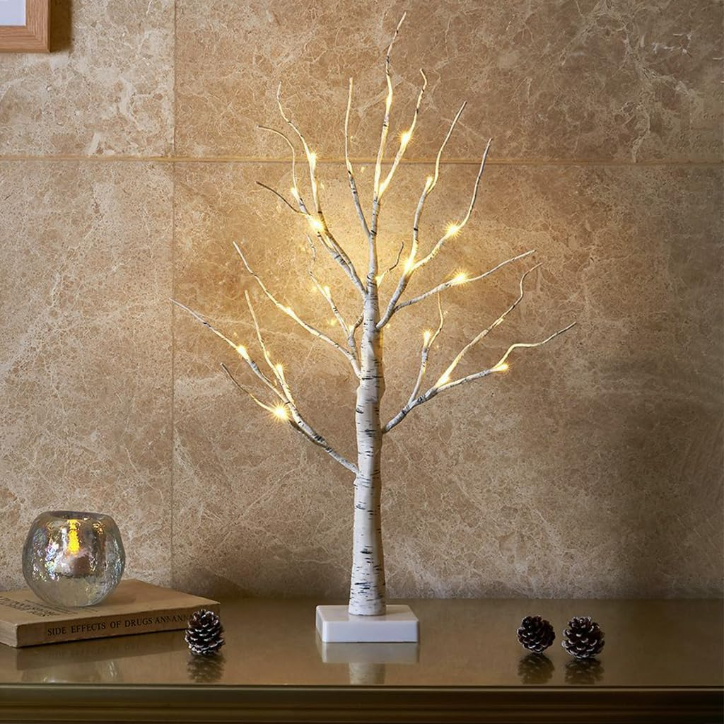 EAMBRITE 60cm White Birch Twig Christmas Tree with 24 LED Lights – Battery Tabletop Décor
