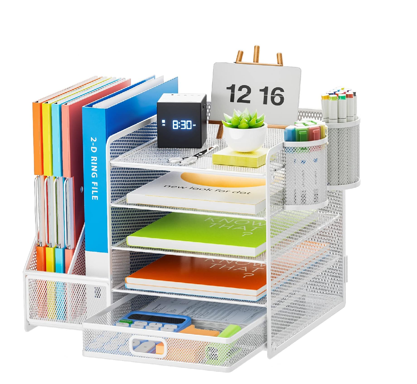 5-Tier Mesh Desk Organiser with Drawer & Pen Holders – File & Paper Tray Storage, Black