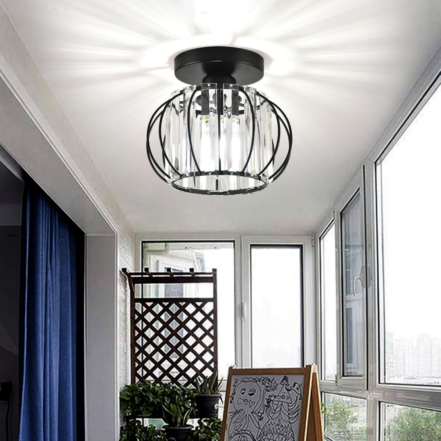 Small Crystal Ceiling Light – 2 Pack Black Metal Semi Flush Mount Chandelier
