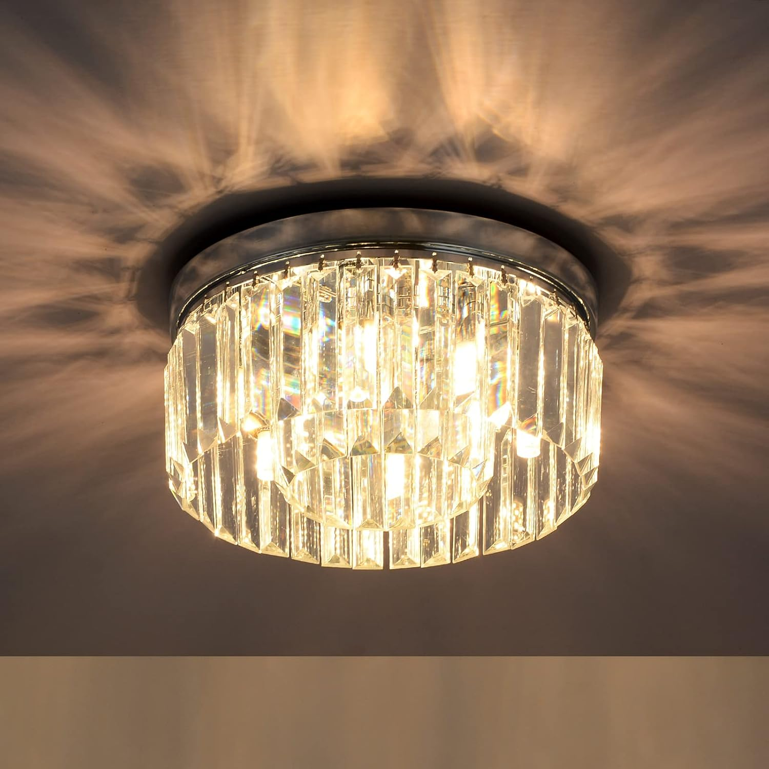 Modern Crystal Chandeliers Ceiling Light, 3-Lights Crystal Ceiling Lights Living Room, Black Semi Flush Ceilings Light Fittings for Hallway
