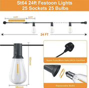 24FT Outdoor Festoon String Lights, 25 ST64 Vintage-Style LED Bulbs, Waterproof, 3000K Warm White, Mains Powered for Garden, Patio, Party