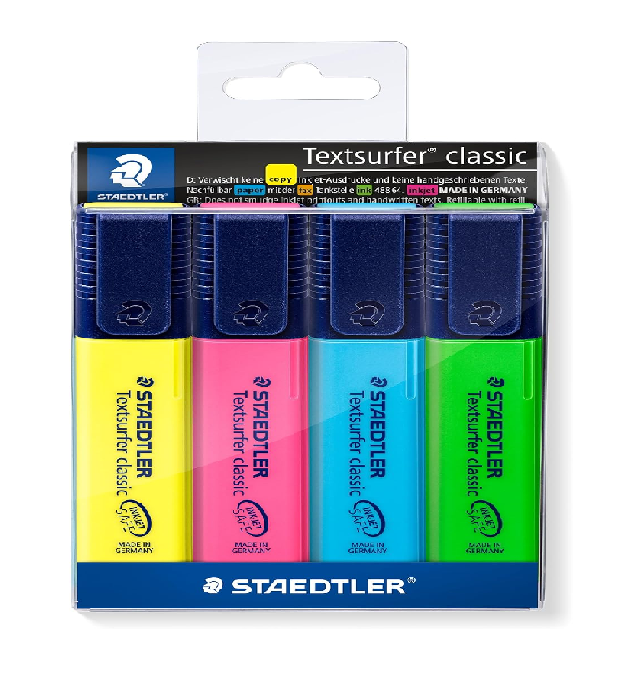 Textsurfer Classic Highlighters – Pack of 4 Assorted Bright Colours, Chisel Tip