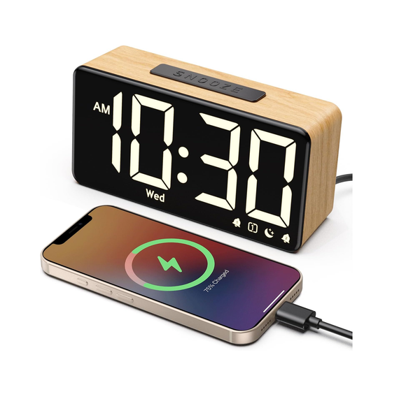 Wood Grain Digital Alarm Clock with Dual Alarms, Snooze & Adjustable Brightness