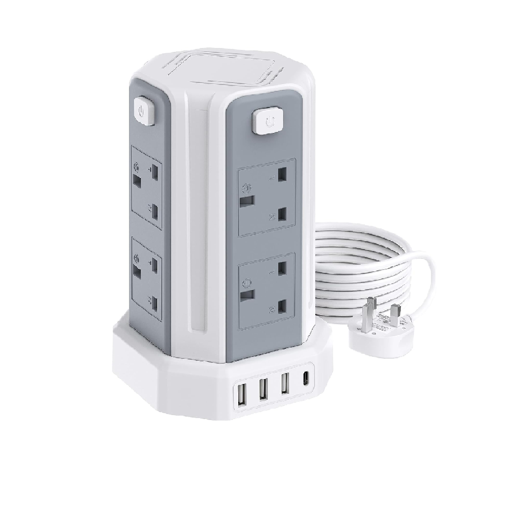 8-Way Tower Extension Lead with 4 USB Ports, 13A 3250W Power Strip, 2M Cable