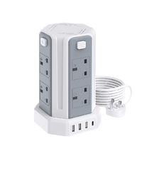 8-Way Tower Extension Lead with 4 USB Ports, 13A 3250W Power Strip, 2M Cable