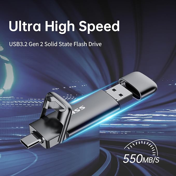 s USB 3.2 Gen2 Solid State Drive, Type-C + USB-A External SSD Stick for Phone, Laptop & Tablet