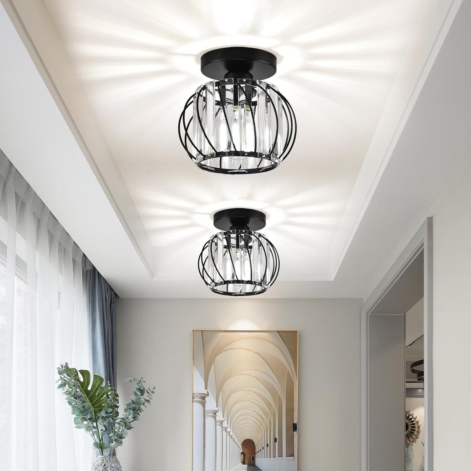 Small Crystal Ceiling Light – 2 Pack Black Metal Semi Flush Mount Chandelier
