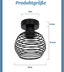 Vintage Black Ceiling Light – E27 Industrial Cage Semi Flush Mount Fixture for Hallway & Kitchen